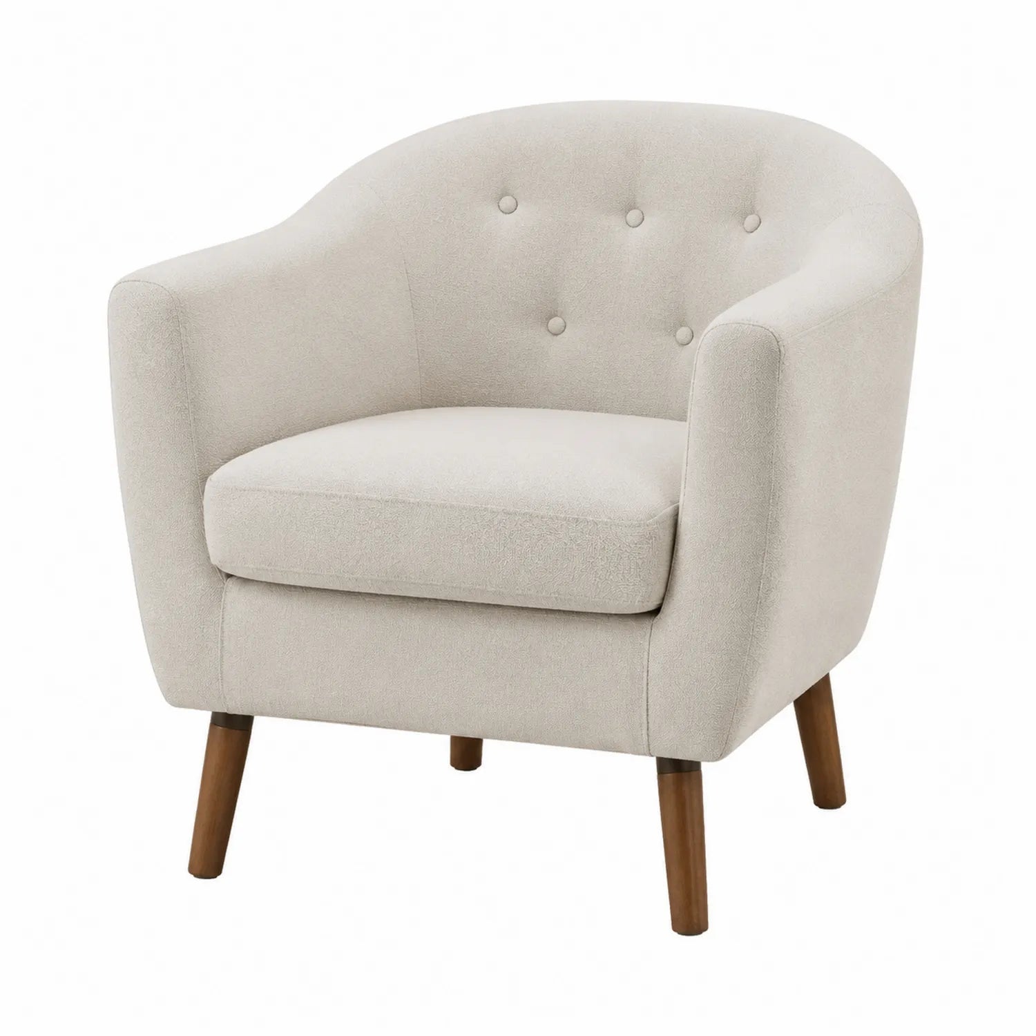 Poltrona in tessuto beige con gambe in legno, struttura robusta