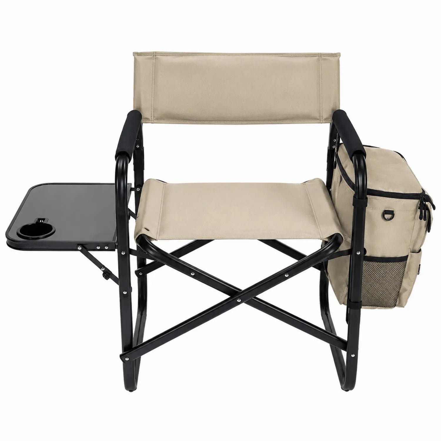 Sedia pieghevole in alluminio con tessuto beige e tavolino laterale