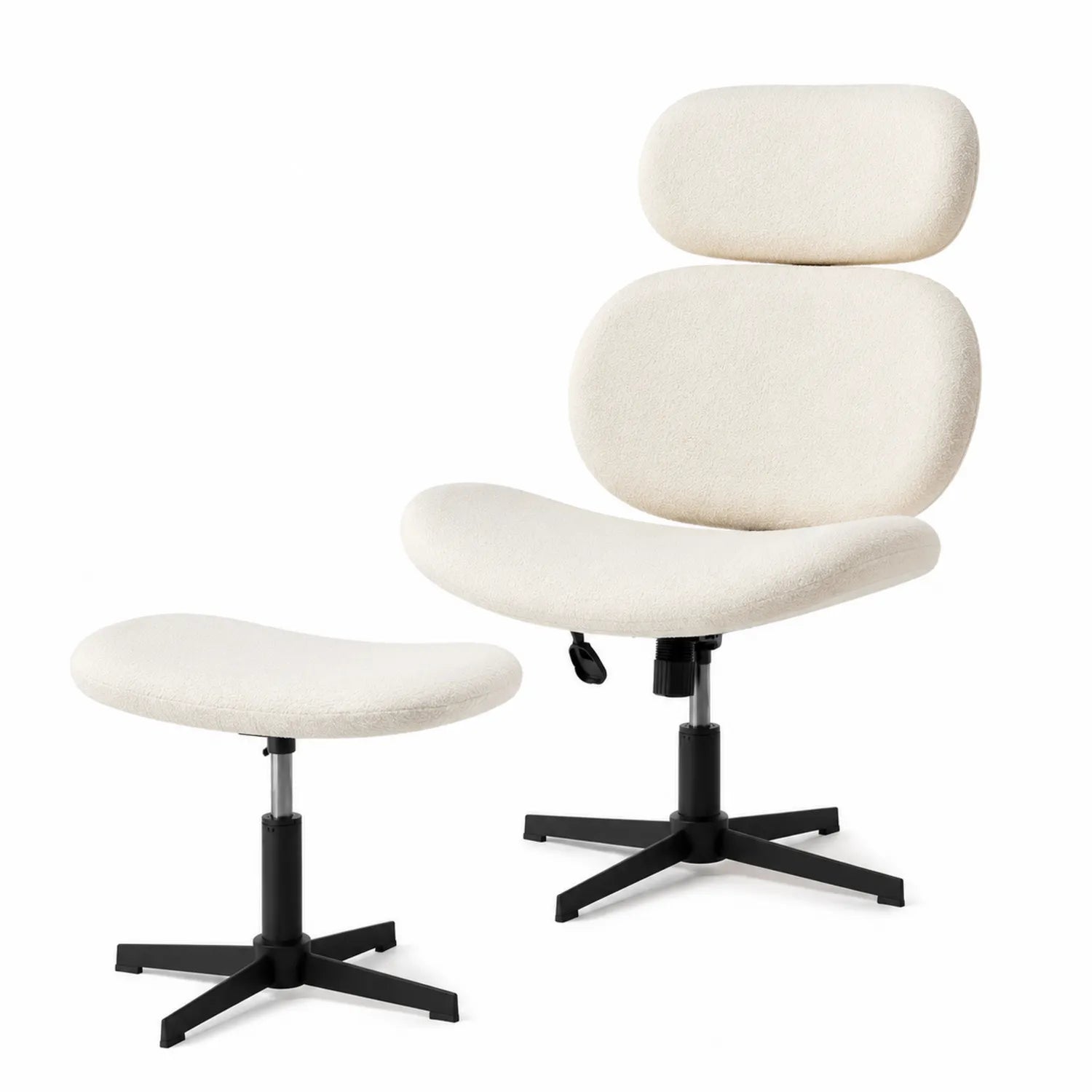 Sedia e Poggiapiedi in Tessuto Crema con Base in Metallo Nero