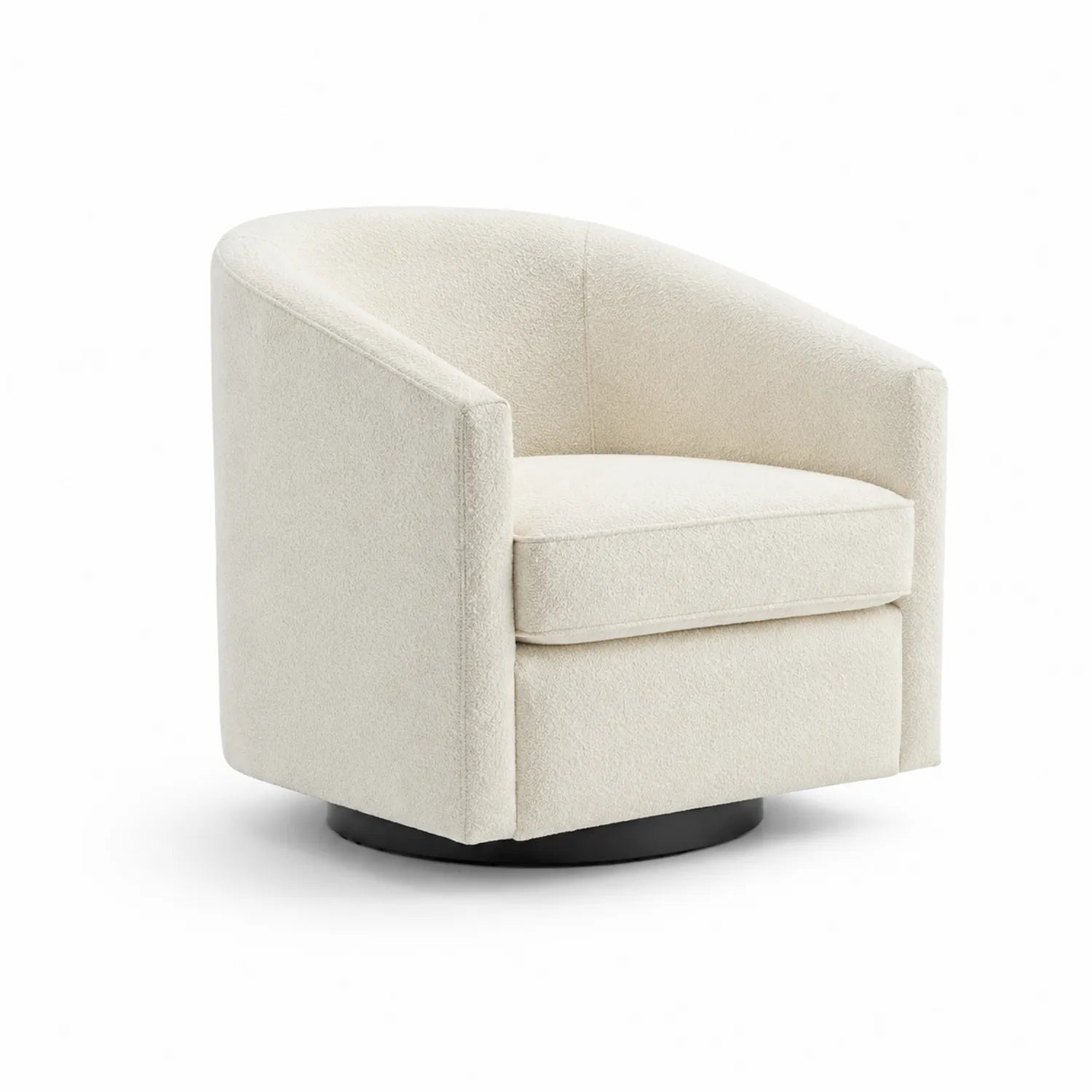 Poltrona girevole in tessuto bouclé crema con base in metallo