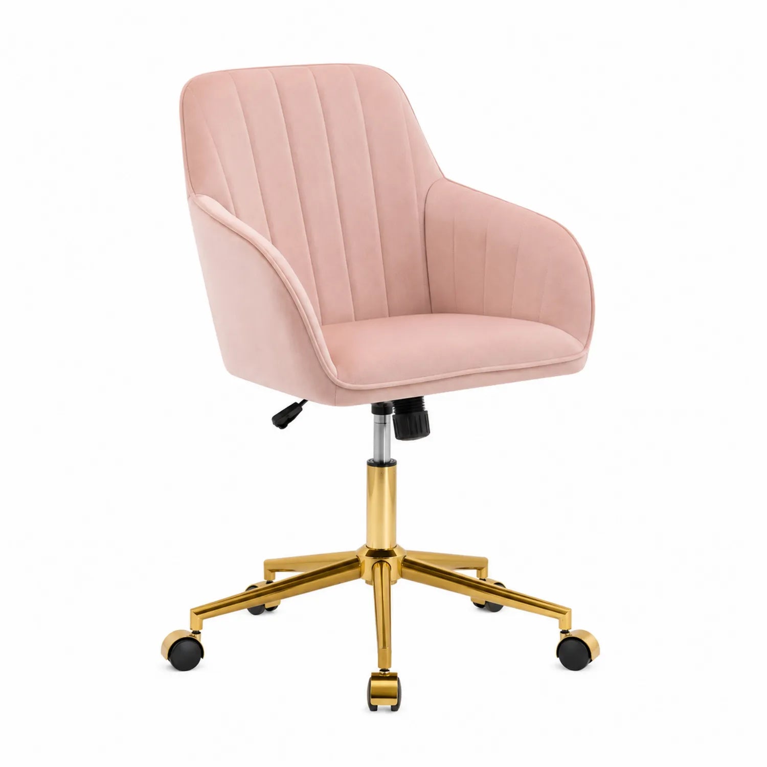 Poltrona girevole in velluto rosa con base in metallo dorato regolabile