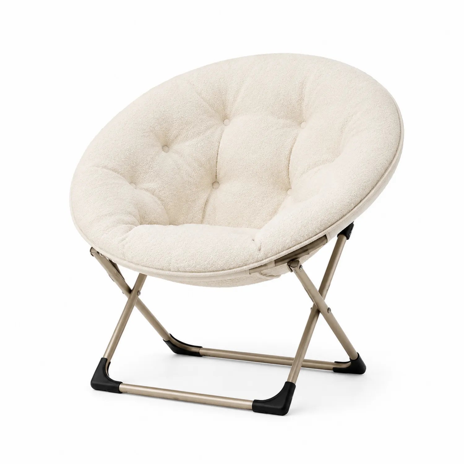 Sedia pieghevole in tessuto bouclé bianco con struttura in acciaio, diametro 80 cm