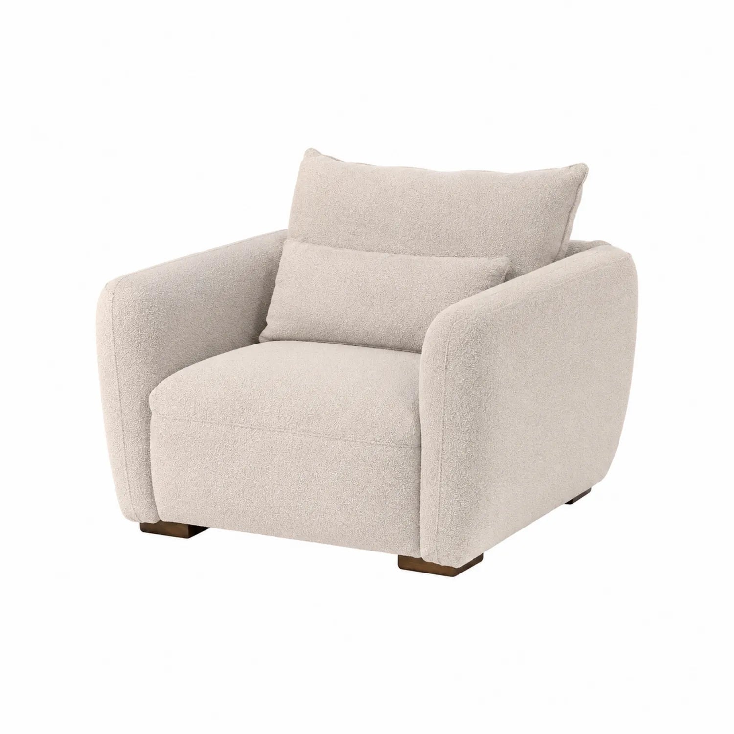 Poltrona in tessuto Bouclé beige con base in legno