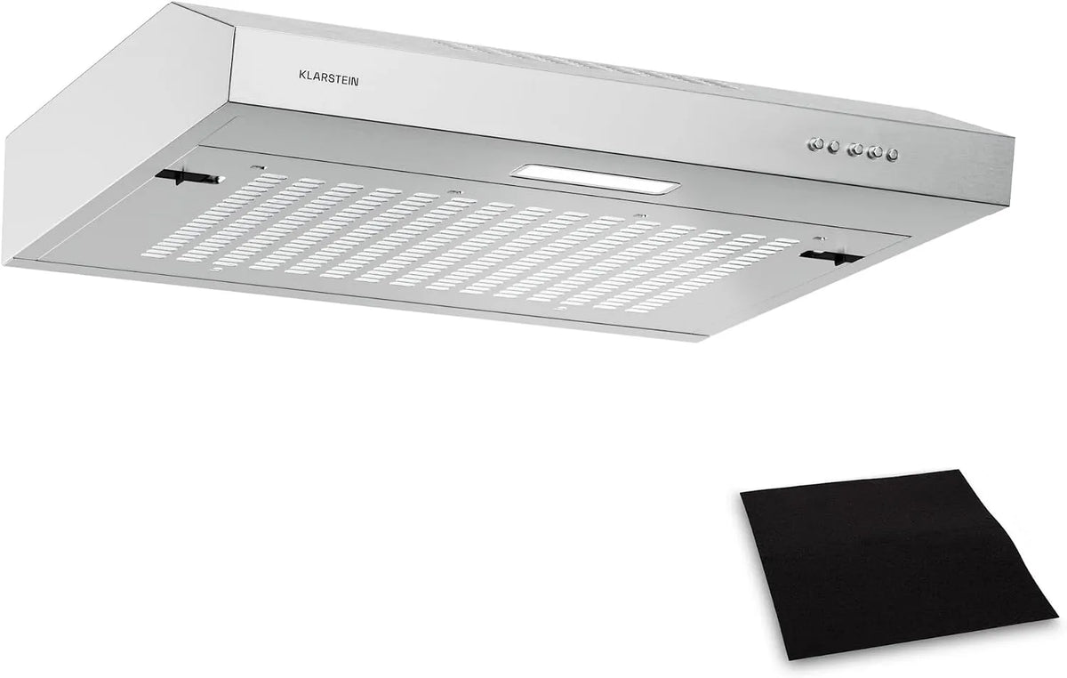 Klarstein Cappa aspirante, 60cm, 200 m3/h, 52 dB, cappa da cucina, argento, LED, SlimVent, ora, Efficienza Energetica A+, Filtro a Carboni Attivi