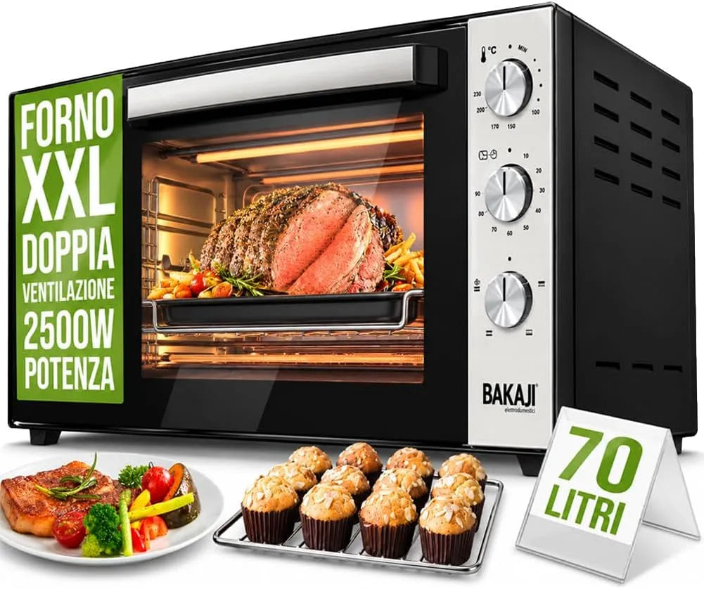 Forno elettrico, 70 L, 2500 W, timer, compatto, 2 zone di temperatura, acciaio inox, 70 Litri