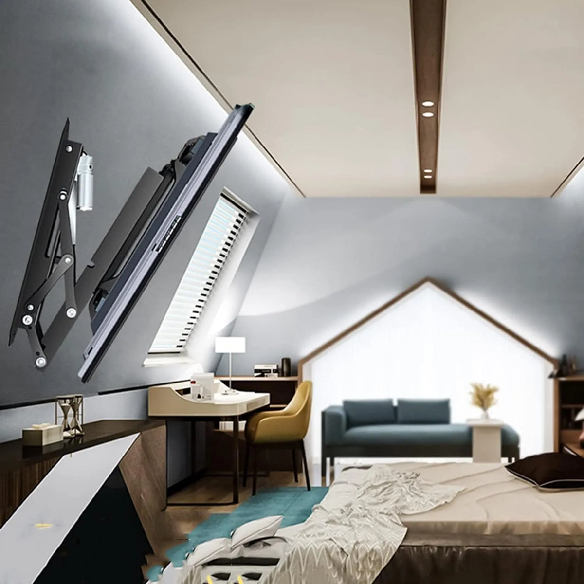 Smart TV, 70 pollici, televisore, montaggio a parete, acciaio inox, struttura in acciaio, facile installazione, adatta per uso a soffitto o parete