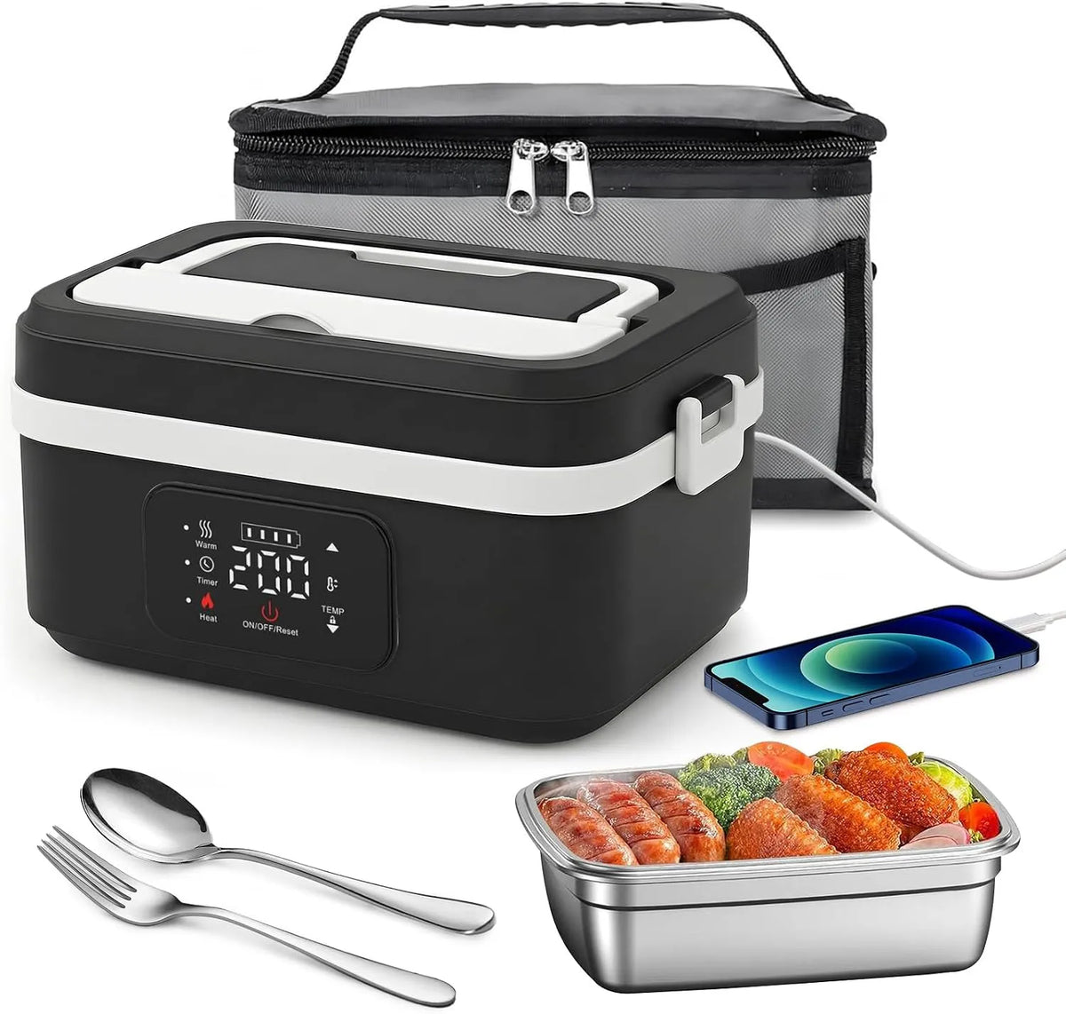 Prodotto Scaldavivande a Batteria Ricaricabile 1L Lunch Box Elettrico, Scaldavivande Elettrico Portatile, Scalda Vivande per Adulti in Acciaio