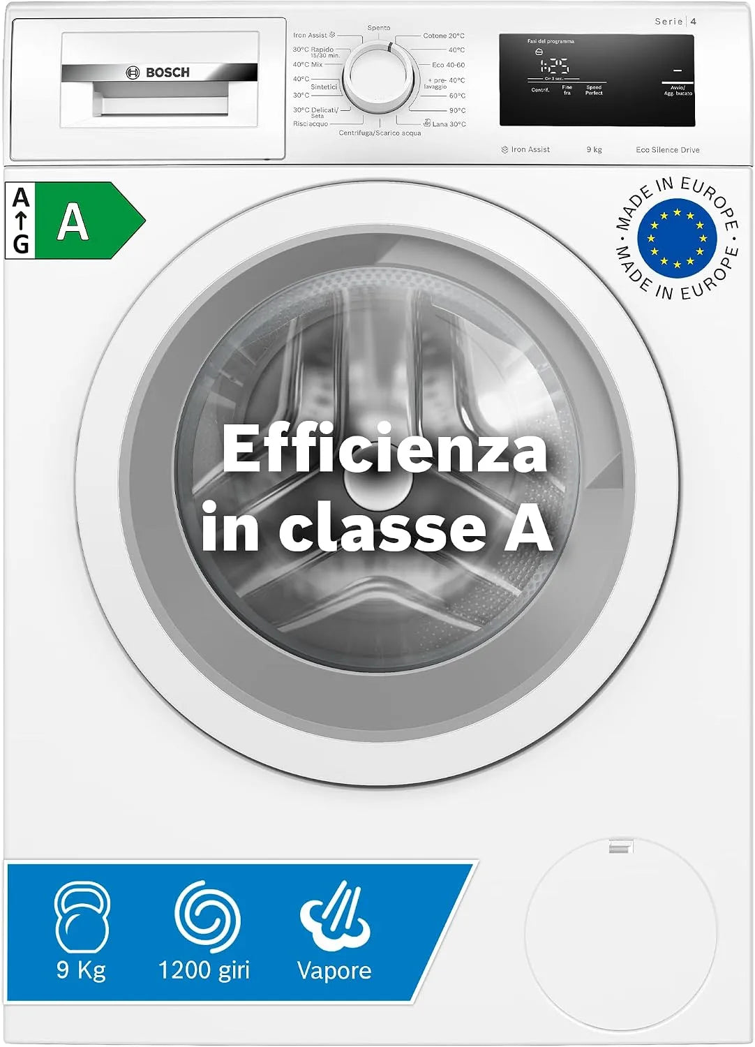 Bosch Serie 4 WAN24009II Lavatrice, 60 Cm, 9 kg, classe energetica E, Inverter, bianco, 1200 giri, riduce le pieghe e facilita la stiratura