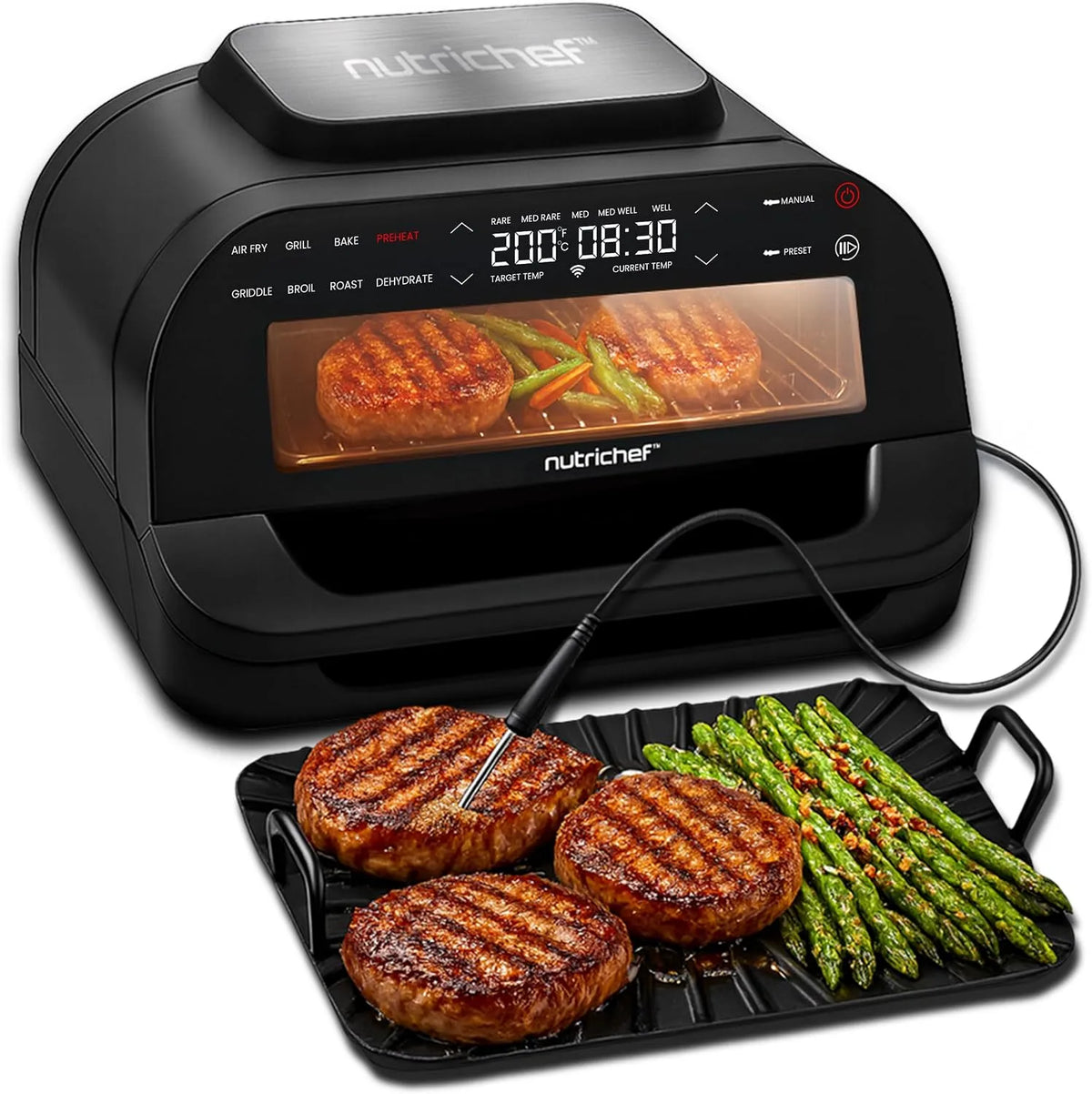 Forno elettrico, 6 L, 7 programmi, grill, Air Fryer con Termometro e Piastre Removibili, per Patatine, Carne, Pesce, Verdure, Pollo e Dolci