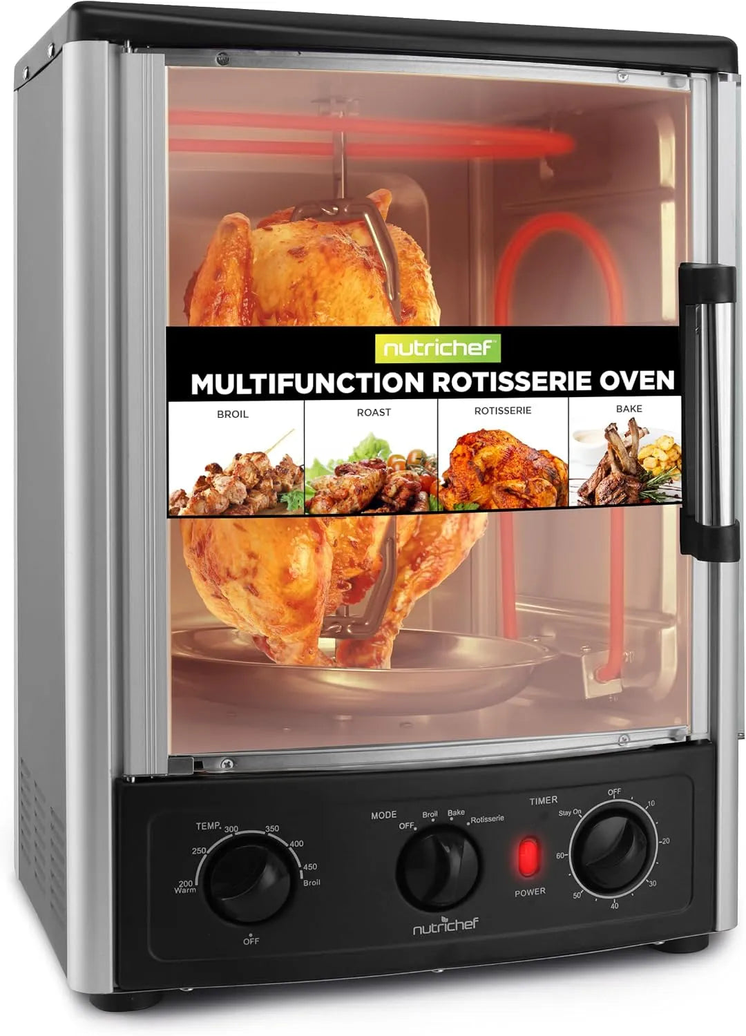 Forno elettrico, 34×31×48 cm, 23 L, timer, vetro, 2 zone di temperatura, Pollo Arrosto, e Spiedini