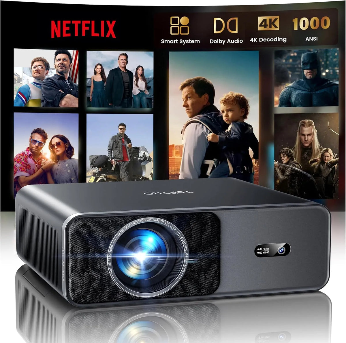 Dell Proiettore, portatile, esterno, Wi-Fi, Bluetooth, 4K UHD, videoproiettore, Compatibile con Netflix, Dolby, 1000 ANSI Regolazione Auto