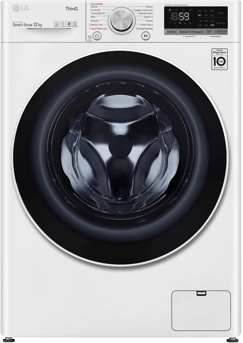 LG F4WV512S0E Lavatrice, 60 x 85 x 61.5 cm, 12 kg, libera installazione, Wi-Fi, Inverter, vapore, bianco, 1400 Giri, min, Intelligenza Artificiale LG