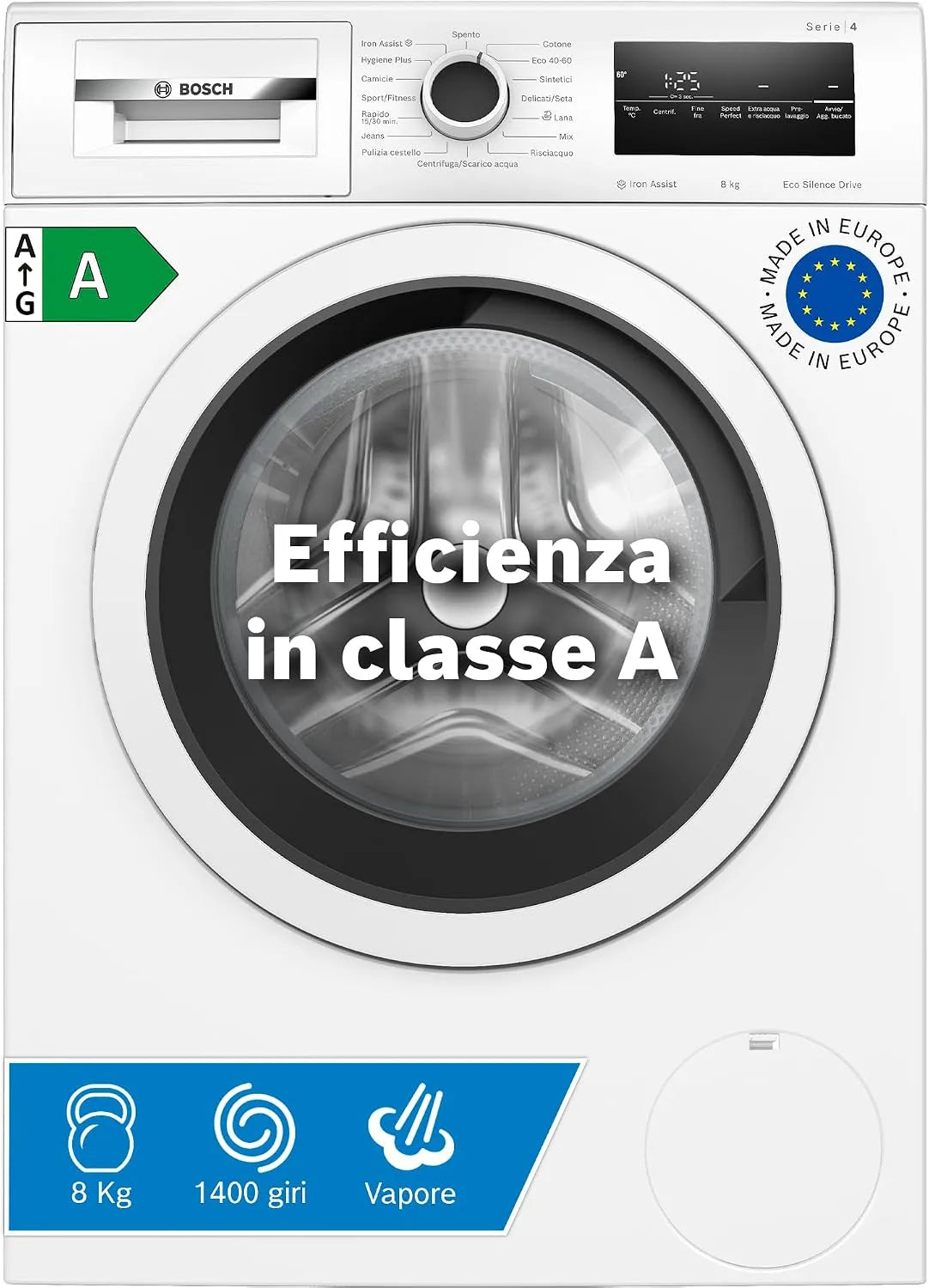Bosch Serie 4 WAN28208II Lavatrice, 60 Cm, 8 kg, classe energetica E, Inverter, bianco, 1 00 giri, 1400 giri, riduce le pieghe e facilita la stiratura