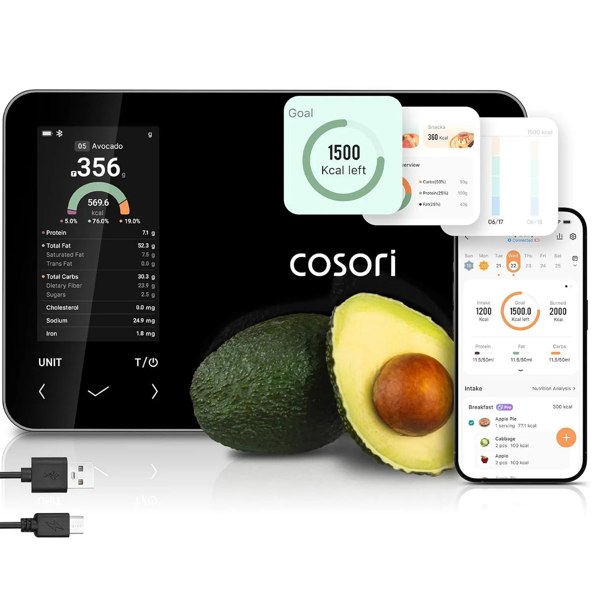 Prodotto informazioni nutrizionali su schermo, COSORI Bilancia digitale intelligente da cucina con calcolatrice nutrizionale, app gratuita per il
