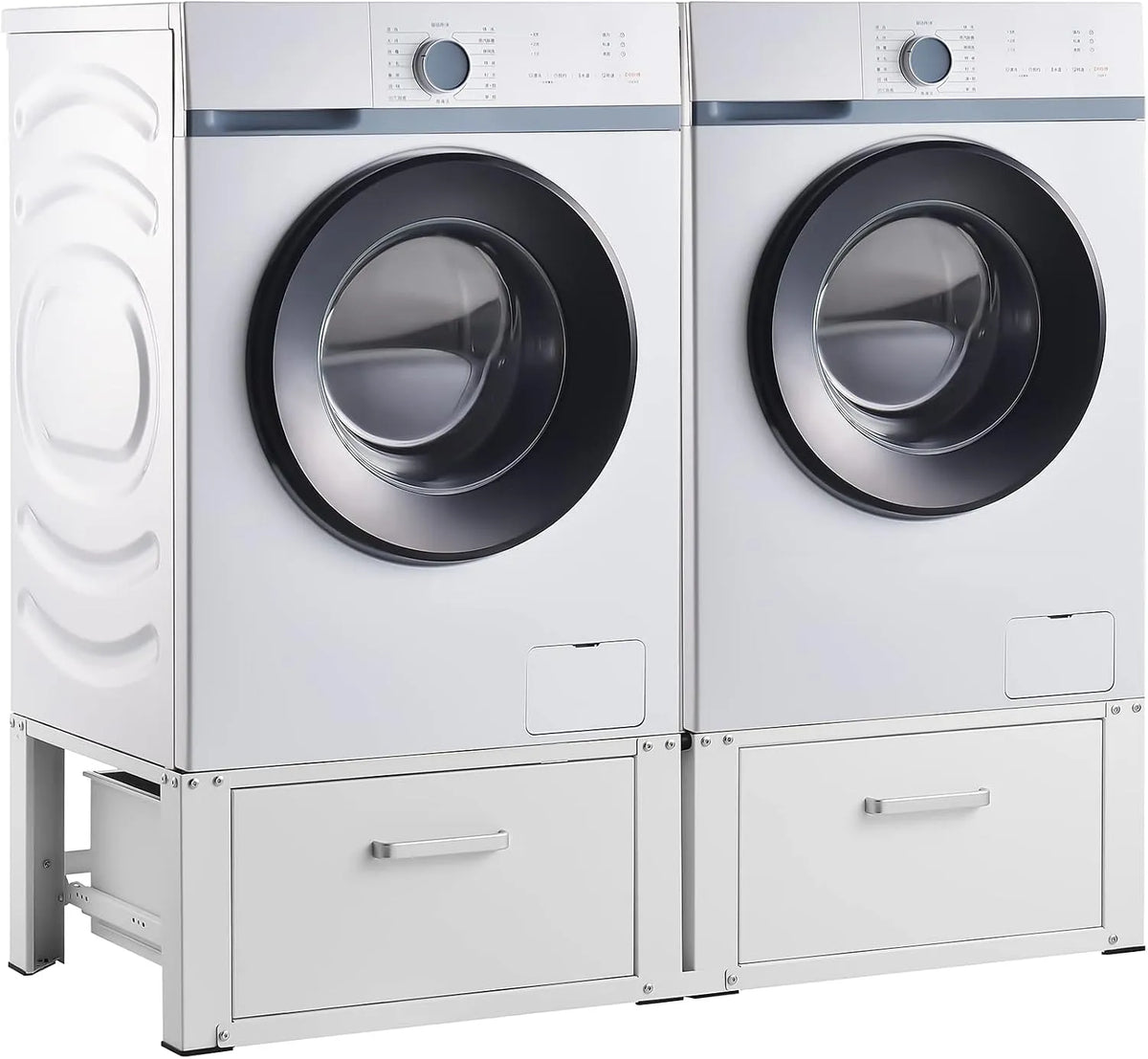 Lavatrice, 127 x 54 x 31 cm, acciaio inox, bianco, en.casa, Supporto Doppio per Lavatrice in Acciaio con 2 Cassetti Mobile Base Porta Asciugatrice