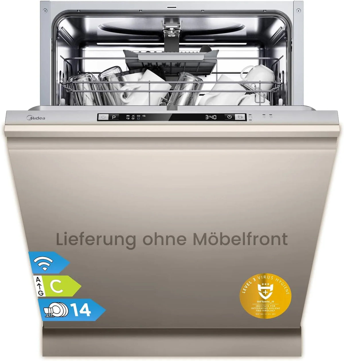 Lavastoviglie, 60 cm, 8 programmi, 44 dB, Midea 5.14K14C 0-24H, incasso totale, Wi-Fi, 4K UHD, acciaio inox, 14 coperte, ritardo di avvio 0-24H