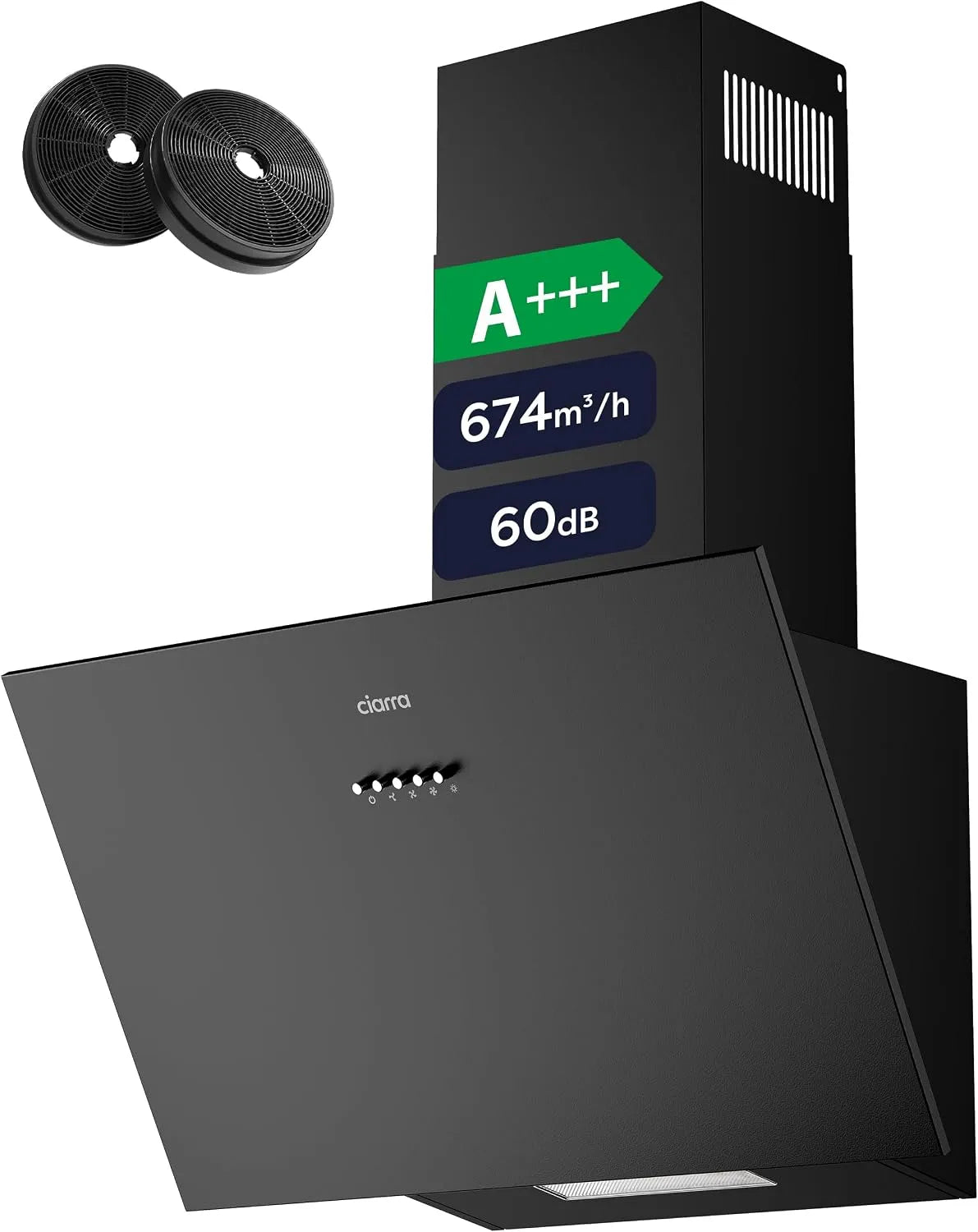 CIARRA CBCB6762A Cappa aspirante, 60 cm, 60 dB, classe energetica A, cappa da cucina, inclinata, nero