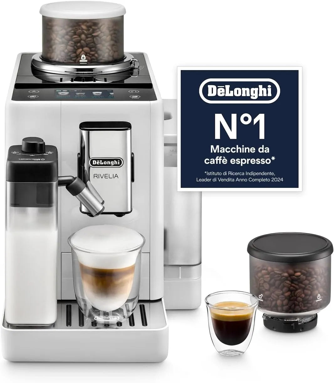 Macchina da caffè automatica EXAM440.55.W, touch, bianco, 16 Bevande in un Solo Tocco, De'Longhi Rivelia, LatteCrema Montalatte Automatico
