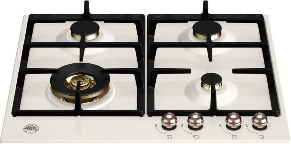 Piano cottura a gas P604LHERAX, 60x52 cm, 4 fuochi, da incasso, ghisa, acciaio inox, fornello a gas, Foro 56x48, Bruciatore Wok 4 kW, Avorio, Inox