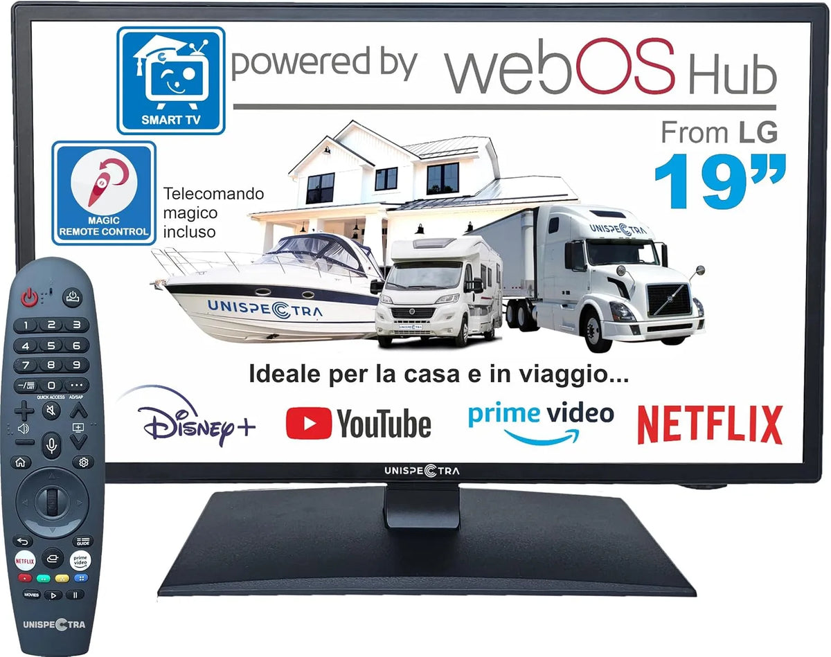Smart TV 3xHDMI 2xUSB., 19 pollici, 12 V, 3 HDMI, 2 USB, televisore, HDR, webOS, barca, Unispectra ® 19' Smart TV, cable. 3xHDMI, 2xUSB. TV 12V per
