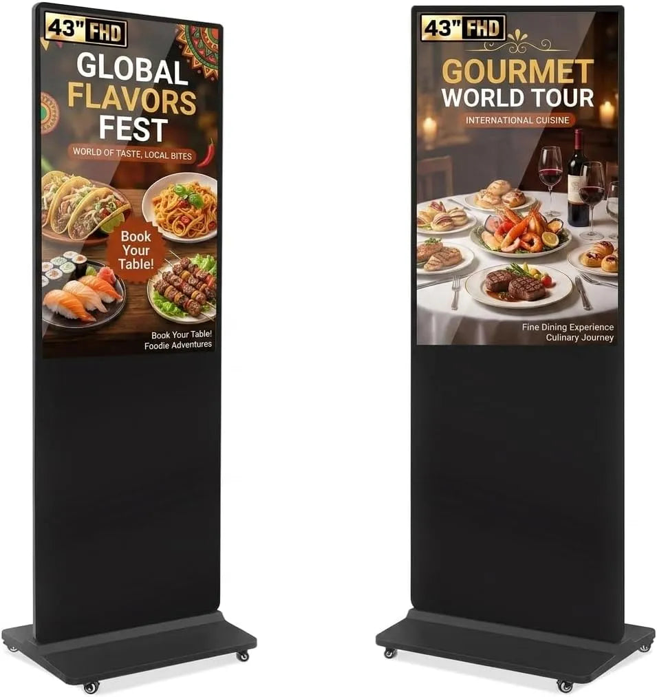 Display digital signage, 43 pollici, display pubblicitario LCD, professionale, ruote di trasporto, Wi-Fi, Android OS, Full HD, HDMI, USB, 450 Nits