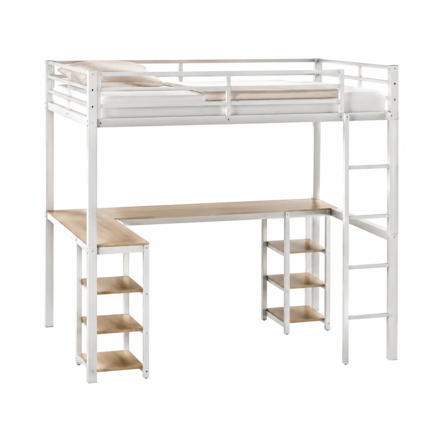 Letto a soppalco in metallo bianco con scrivania in legno