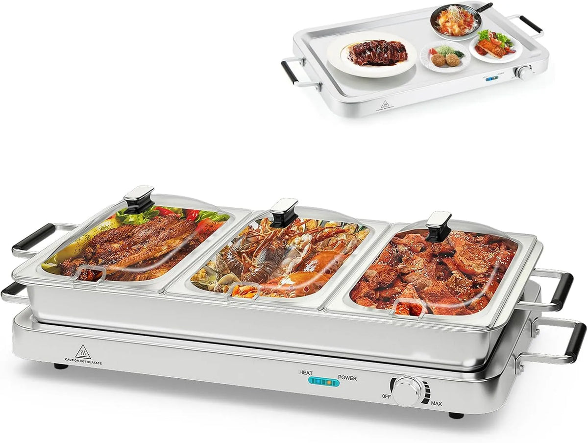 Prodotto Vassoio Scalda Vivande in Acciaio Inox con 3 Contenitori & Coperchi, SOARS Scaldavivande Elettrico per Buffet 9L 450 W, Borsa, Temperatura