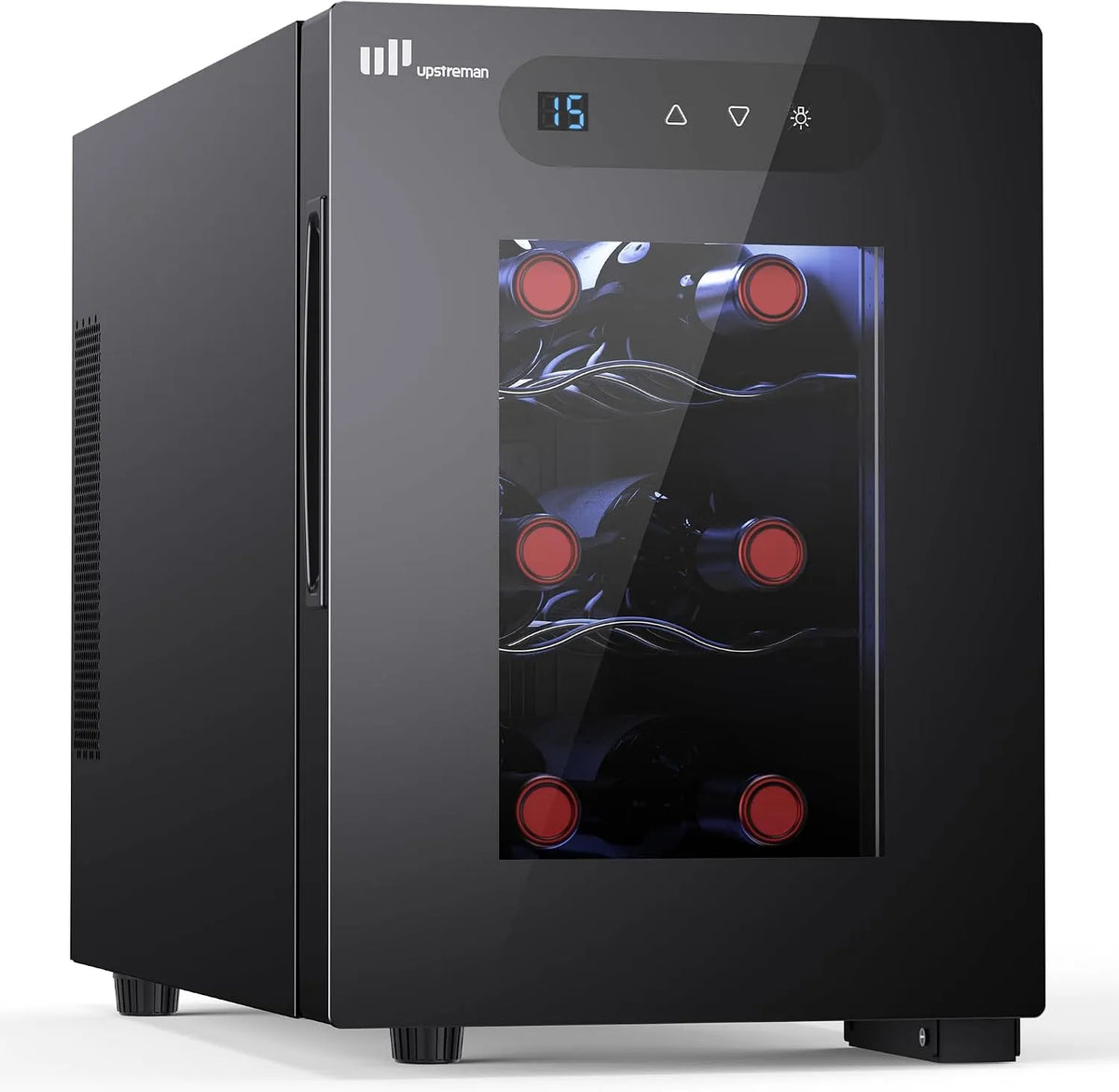 Cantinetta vino, 6 bottiglie, 5 a 18 °C, illuminazione LED, touch, Doppio vetro termico anti-UV, Silenziosa