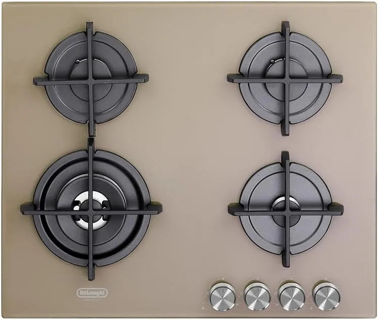 De'Longhi Piano cottura a gas, 60 Cm, ghisa, fornello a gas, 4 Bruciatori 1 Doppia Corona, Manopole In Metallo Spazzolato, Vetro Temperato, Griglie In