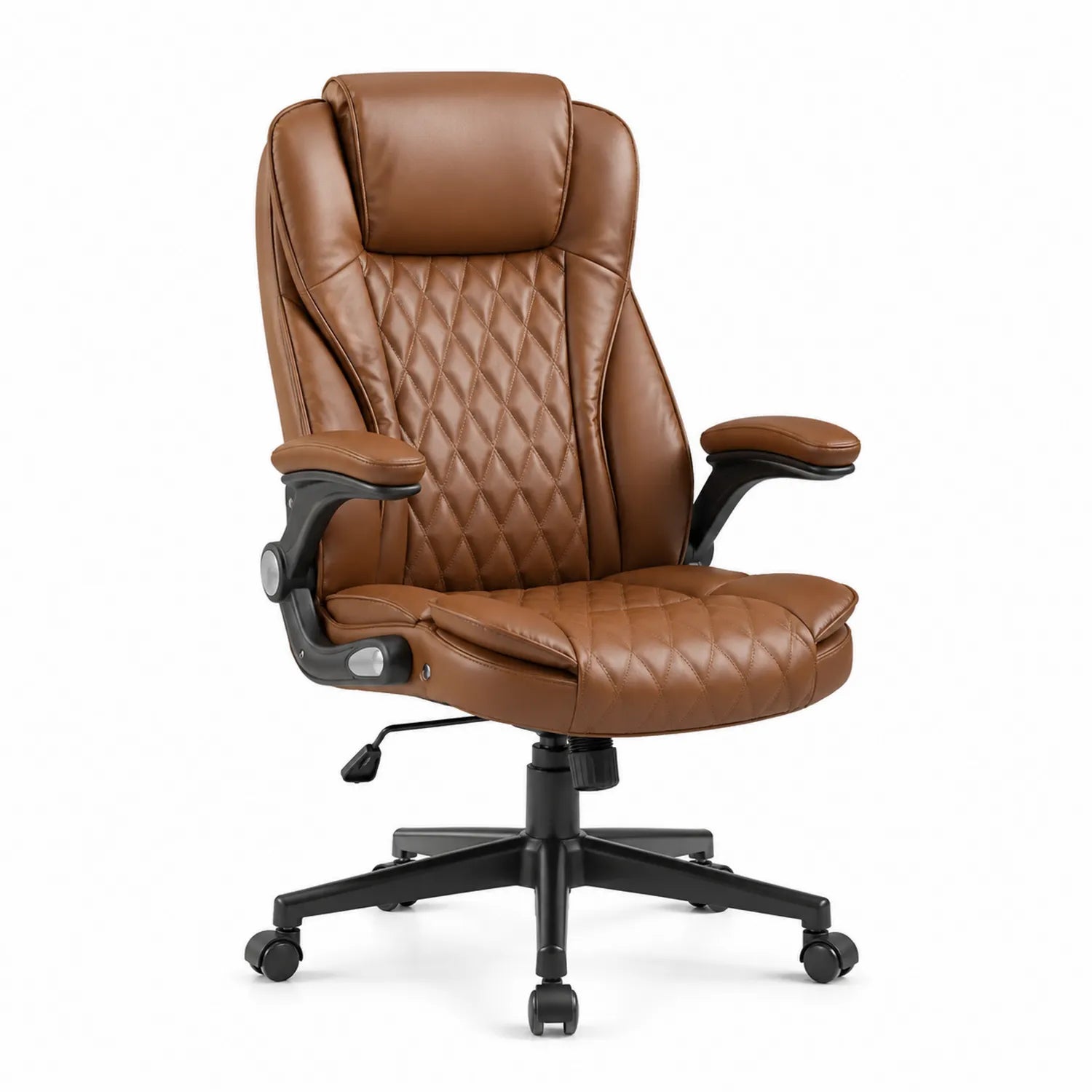 Sedia da ufficio ergonomica in pelle PU marrone con schienale alto e braccioli regolabili