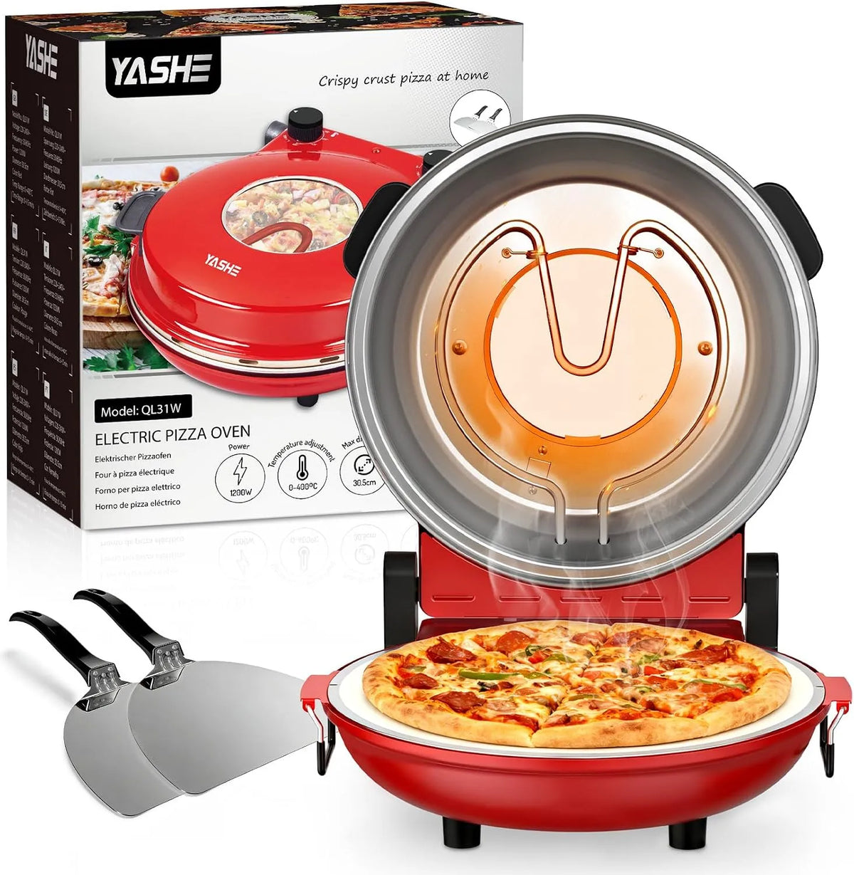 Forno elettrico per pizza, 1200 W, Pizza Pronta in 4, 6 Minuti, YASHE Forno Pizza Elettrico 400°C, 1200W