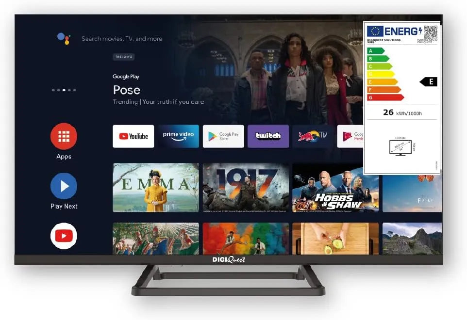 Google Smart TV, classe energetica E, televisore, Wi-Fi, Android OS, nero, Doppio tuner, HD Ready, LCN Tivùsat, Funzione CEC, DIGIQUEST Smart TV 32'