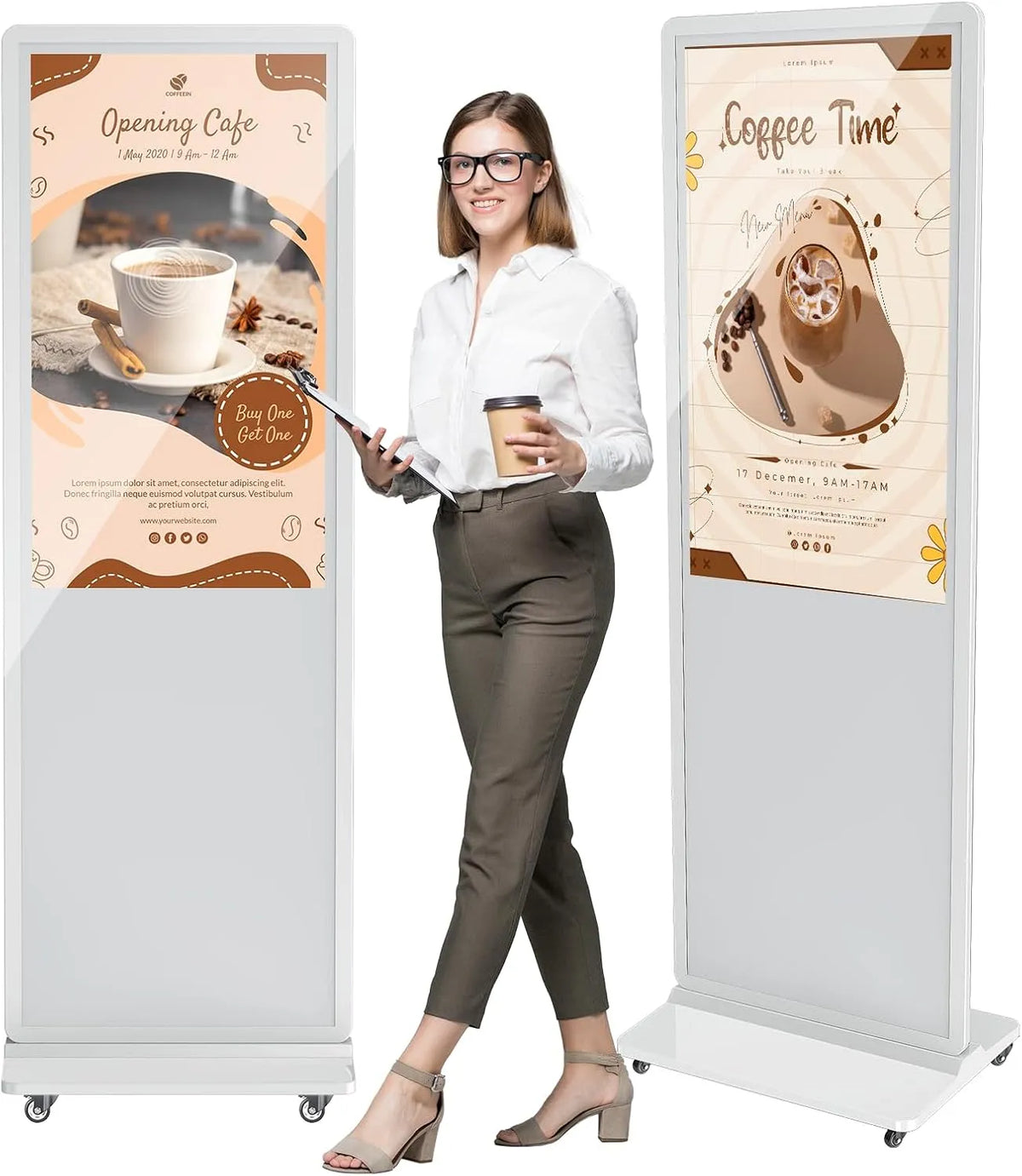 Display digital signage, display pubblicitario LCD, touch, Wi-Fi, Android OS, Full HD, HDMI, USB, visualizzazione pubblicitaria digitale, bianco