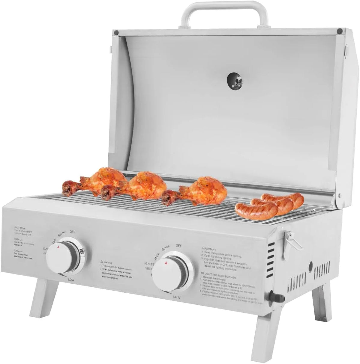 Piano cottura a gas, portatile, acciaio inox, fornello a gas, barbecue da campeggio, 2 bruciatori, griglia a gas da tavolo con griglia