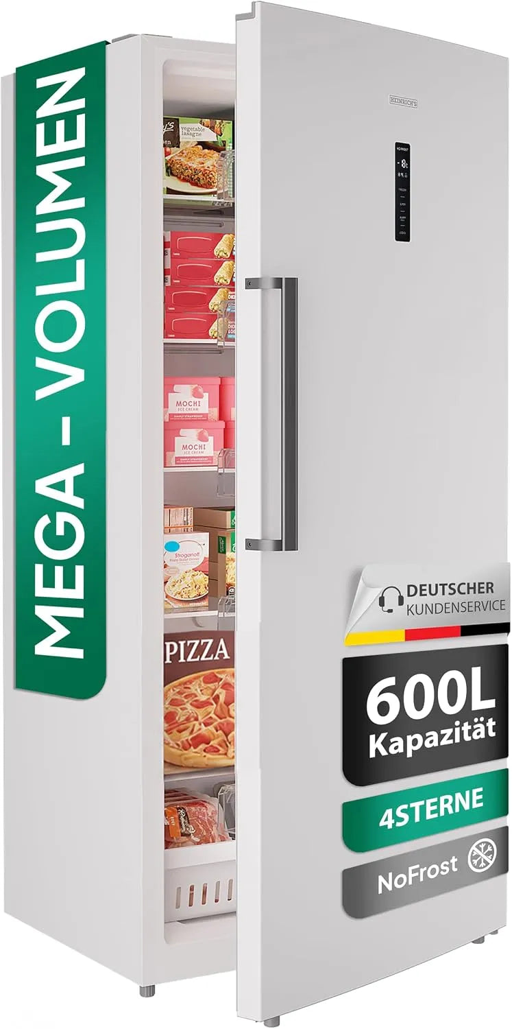 Congelatore, 600 L, freezer verticale, display LED, 5 ripiani in vetro, temperatura: -18 °C, protezione antigelo, cerniera della porta intercambiabile