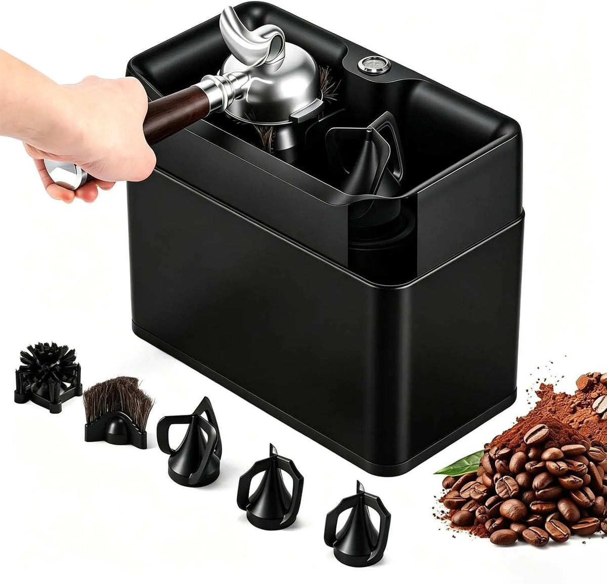 Prodotto Macchina Automatica per la Pulizia dei Fondi di caffè con 3 raschietti e 2 testine a Spazzola, Pulitore Elettrico per portafiltri