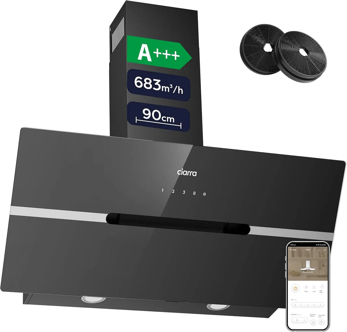 CIARRA CBCB9736F Cappa aspirante, 90cm, 60 dB, classe energetica A, cappa da cucina, inclinata, nero