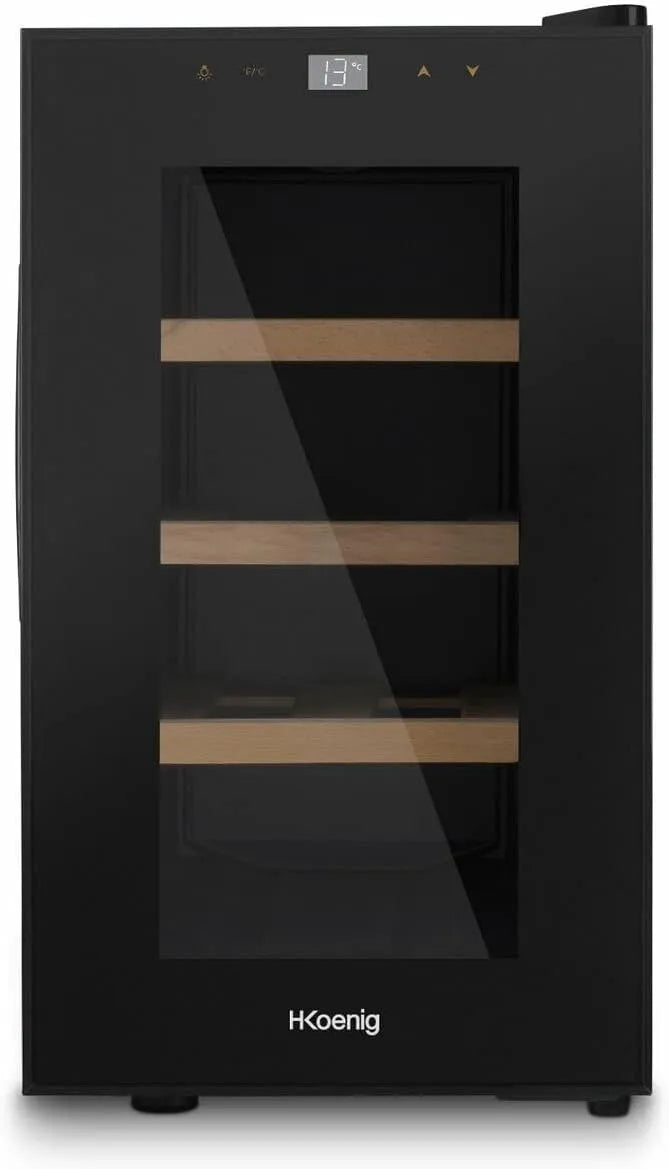 Cantinetta vino, 23 L, 8 bottiglie, 11 a 18 °C, H.Koenig AGE8, 2 zone di temperatura, 3 ripiani in legno, refrigerante, silenziosa, elegante, Nera