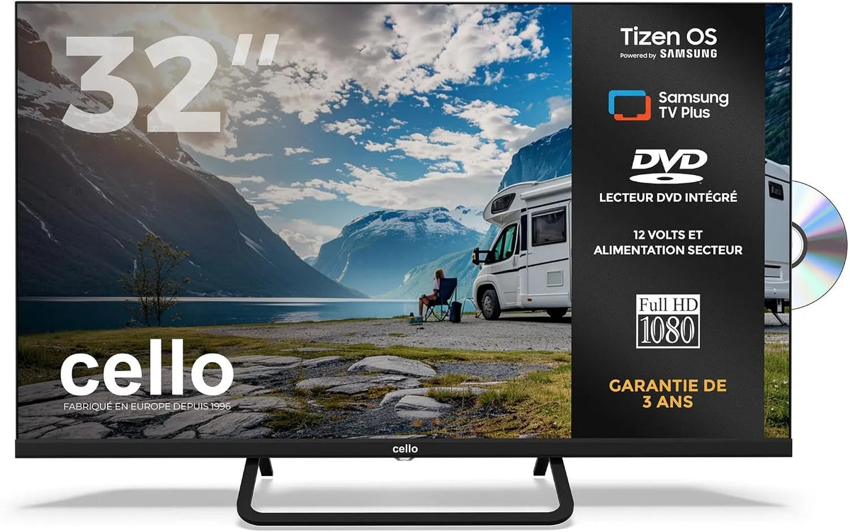 Samsung CTRAV-32TZF Smart TV, 32 pollici, 12 V, televisore, Tizen OS, Bluetooth, Cello CTRAV-32TZF Smart TV LED 32' 12V con lettore DVD, Gaming Hub