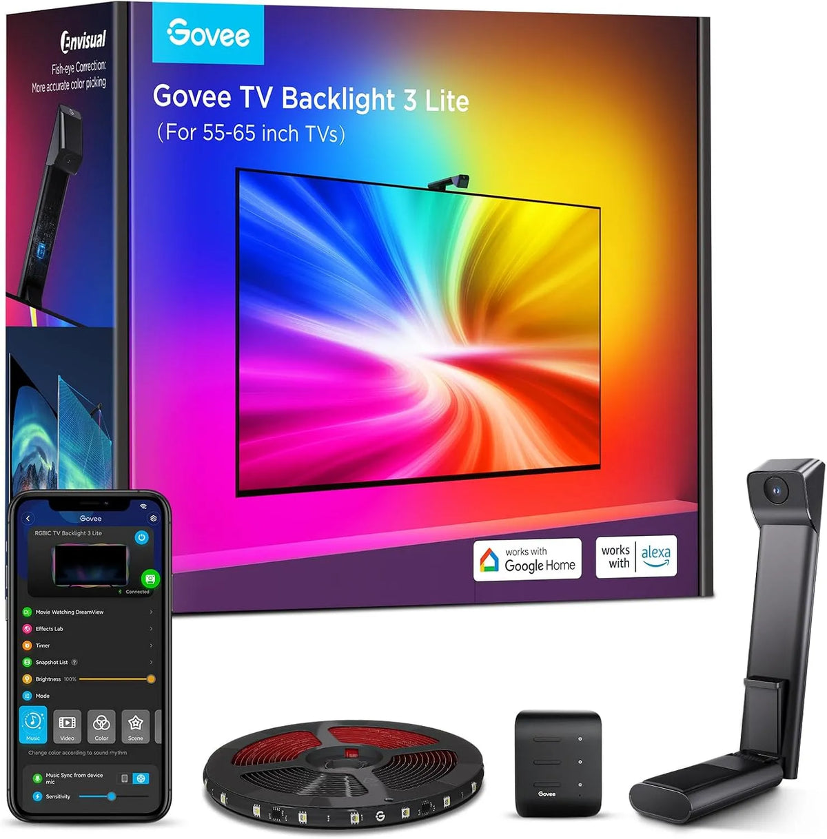 Smart TV, 65 pollici, televisore, Wi-Fi, Luci LED WiFi RGBICW da 3, Controllo Vocale e APP, 4 Colori in 1 Lampada, 6 M con Fotocamera, Govee LED TV