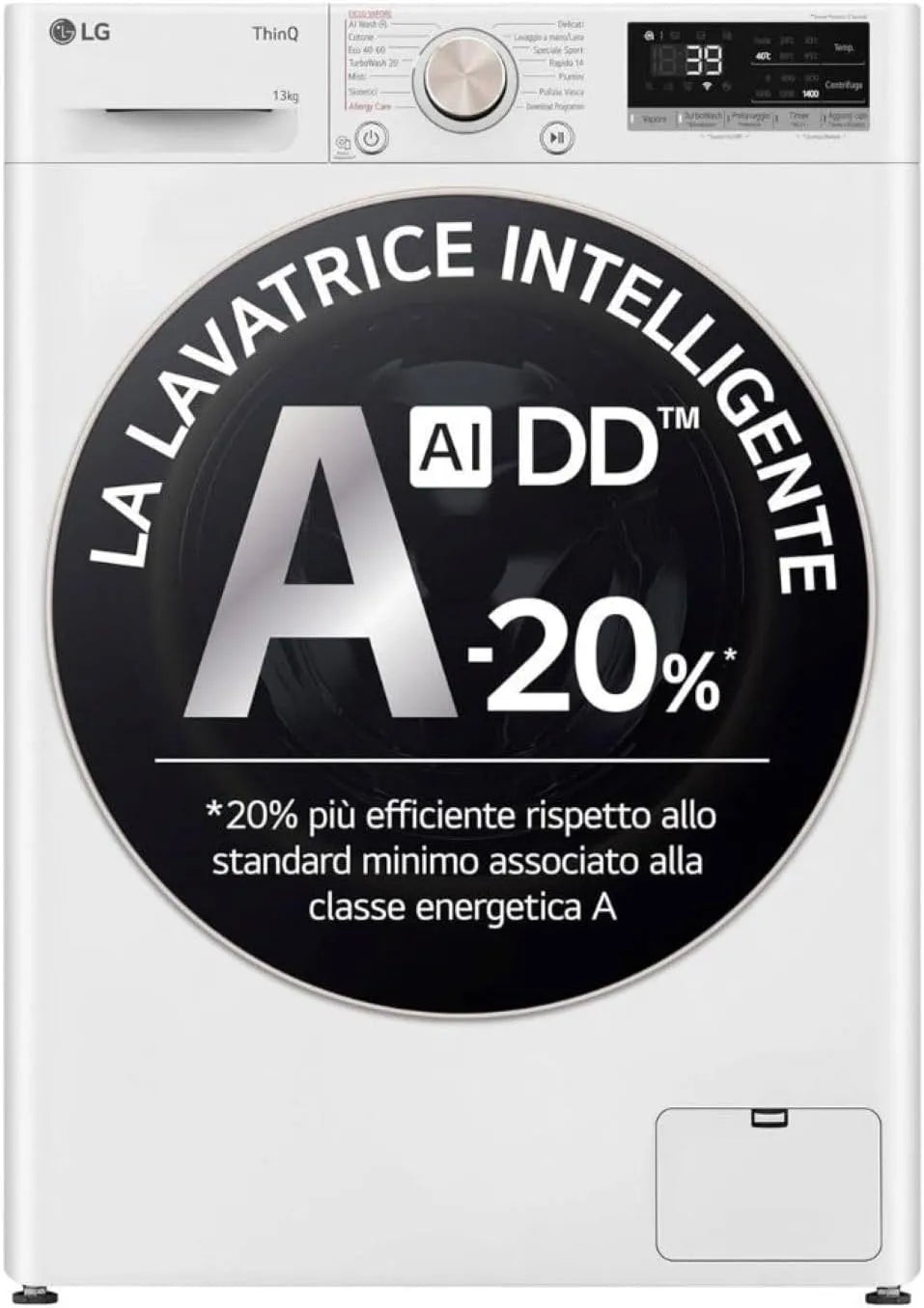 LG F4R7013TSWG Lavatrice, 7 programmi, 13 kg, classe energetica A, libera installazione, Wi-Fi, Inverter, vapore, bianco, Serie R7, 1400 giri