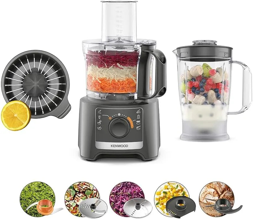 Kenwood FDP31.360GY Robot da cucina, 1.2 L, 800 W, grigio, 2 Velocità+Pulse, Ciotola 2, Frullatore 1, 800W, Robot da Cucina Multifunzione con Lama per