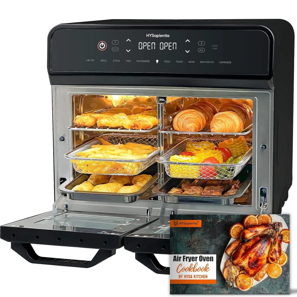 Forno elettrico, 22 L, 2400 W, 10 programmi, 2 zone di temperatura, acciaio inox, 2400W friggitrice aria 2 cestelliin in acciaio inossidabile
